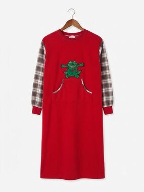 Vintage YIKES Sleepwear Robe Nightgown Frog Applique Plaid Long Sleeve